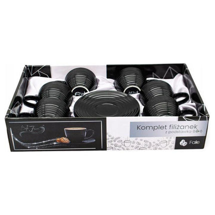 Bella Fiore Porseleinen Koffiekopjes Set – 6 Luxe Zwarte Kopjes met Schoteltjes – 220 ml – Geschenkdoos voor Koffieliefhebbers