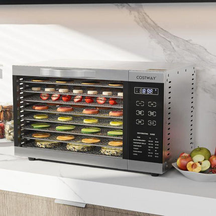 Costway Voedseldroger RVS – 8 Laags Droogoven – Timer & Temperatuurregeling – Droog Fruit, Vlees, Groenten – Met 360° Ventilatie – Zilver