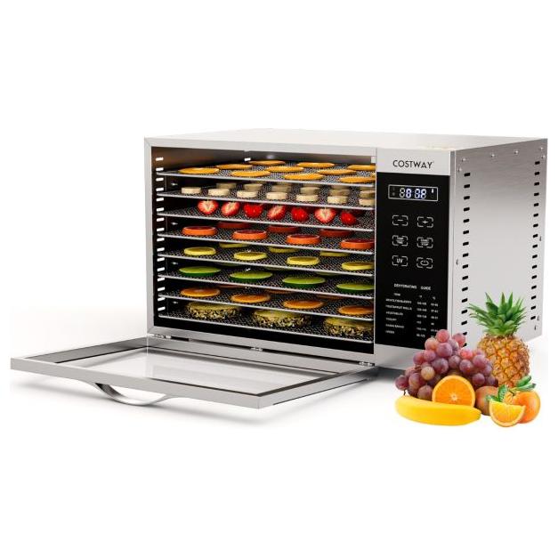 Costway Voedseldroger RVS – 8 Laags Droogoven – Timer & Temperatuurregeling – Droog Fruit, Vlees, Groenten – Met 360° Ventilatie – Zilver