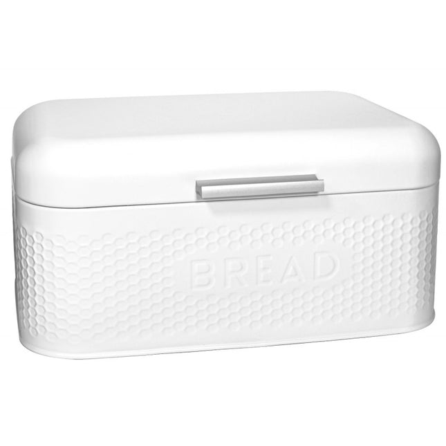 Meyerhoff Broodtrommel 30,5 cm – Met Klepdeksel & 3D Bread-Reliëf – Gepoedercoat Staal – Voor Lang Vers Brood – Wit Design