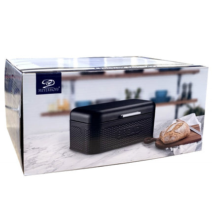 Meyerhoff Broodtrommel Zwart – 30,5 cm – Met Klepdeksel en 3D 'BREAD'-Reliëf – Gepoedercoat Staal – Voor Vers Brood & Stijlvolle Keukens
