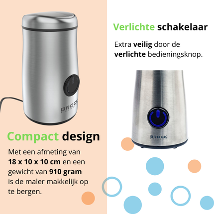 Brock Elektrische Koffiemolen 150W Zilver – Voor Koffiebonen, Kruiden, Noten & Specerijen – Stil, Snel & BPA-vrij – RVS Mes