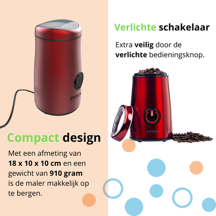 Brock Elektrische Koffiemolen Rood 150W – Voor Koffiebonen, Kruiden, Noten & Specerijen – Stil, Snel & BPA-vrij – RVS Mes