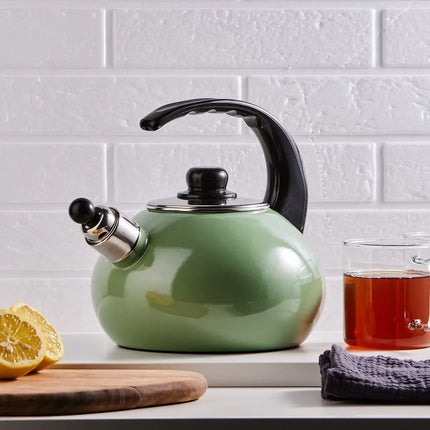 Altom Design Czajnik Handgemaakte Fluitketel Emaille 2.5 Liter - Retro Waterketel - Geschikt voor alle warmtebronnen - Groen