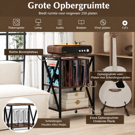 Platenspeler Meubel Met 2 Geïntegreerde Stopcontacten – Vinyl Opbergkast voor 250 LP's – Verrijdbare Platenkast met USB-A & USB-C – Industrieel Bruin