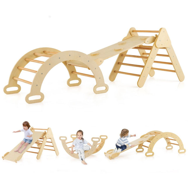 Trendmix 3 in 1 Houten Klimset voor Kinderen - Klimrek met Glijbaan - Klimdriehoek en Klimboog - Natuurlijk Hout