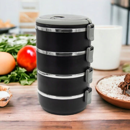Meyerhoff Thermische Lunchbox 4 Lagen – 2800 ml – RVS Bento Box – Lekvrij & Geïsoleerd – Met Handvat & Ventiel – Zwart