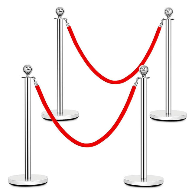 Trendmix Afzetpalen Set 4 Stuks – RVS – Fluwelen Rode Touwen 150 cm – Voor Wachtrijen en Evenementen