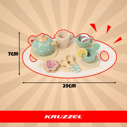 Kruzzel Houten Theeset – Kinderkeukenset met Dienblad, Theepot, Kopjes & Accessoires – Veilig Hout – 15-delige Speelset – Perfect Cadeau