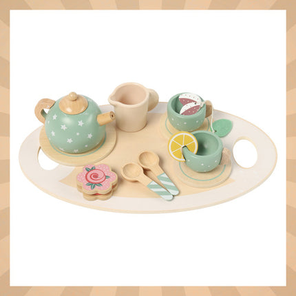 Kruzzel Houten Theeset – Kinderkeukenset met Dienblad, Theepot, Kopjes & Accessoires – Veilig Hout – 15-delige Speelset – Perfect Cadeau