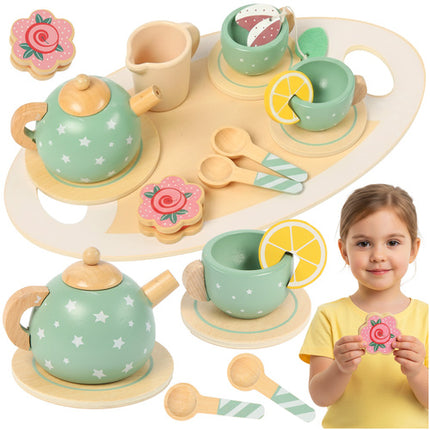 Kruzzel Houten Theeset – Kinderkeukenset met Dienblad, Theepot, Kopjes & Accessoires – Veilig Hout – 15-delige Speelset – Perfect Cadeau