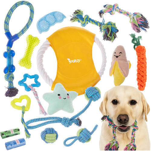 Hondenspeelgoed Set 16-delig – Kauwspeelgoed – Trekspeelgoed – Touwspeelgoed – Frisbee – Speelgoed voor Puppy en Hond