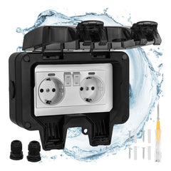 Dubbel Buitenstopcontact IP66 – Waterdicht 230V 16A – Opbouw Wandcontactdoos met Klep – Buitenstopcontact Zwart - Voordeelstore.nl