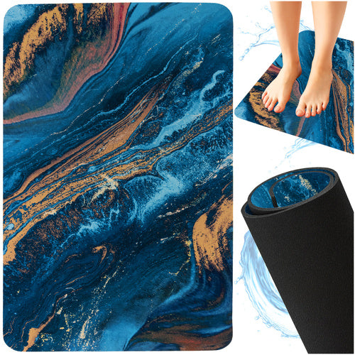 Ruhhy Luxe Badmat 80×50 cm – Marmerdesign Blauw Goud – Sneldrogend & Absorberend – Antislip Douchemat – Zachte Comfortmat voor Badkamer