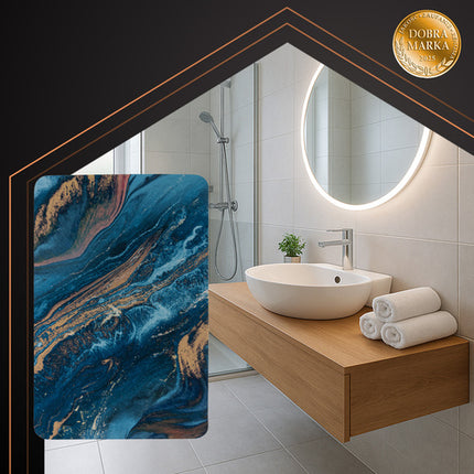 Ruhhy Luxe Badmat 80×50 cm – Marmerdesign Blauw Goud – Sneldrogend & Absorberend – Antislip Douchemat – Zachte Comfortmat voor Badkamer