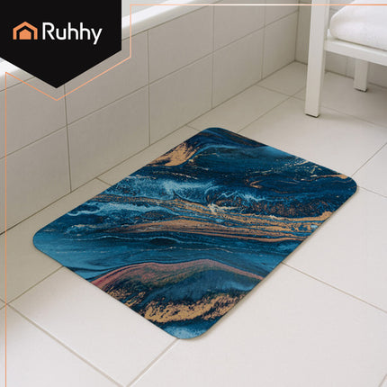 Ruhhy Luxe Badmat 80×50 cm – Marmerdesign Blauw Goud – Sneldrogend & Absorberend – Antislip Douchemat – Zachte Comfortmat voor Badkamer