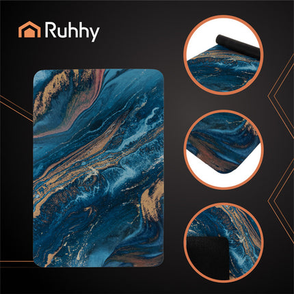 Ruhhy Luxe Badmat 80×50 cm – Marmerdesign Blauw Goud – Sneldrogend & Absorberend – Antislip Douchemat – Zachte Comfortmat voor Badkamer