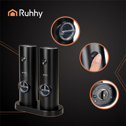 Ruhhy Elektrische Peper- en Zoutmolens Set – 2 Stuks – Keramisch Mechanisme – Instelbare Maalgraad – LED Verlichting – Zwarte Luxe Kruidenmolens
