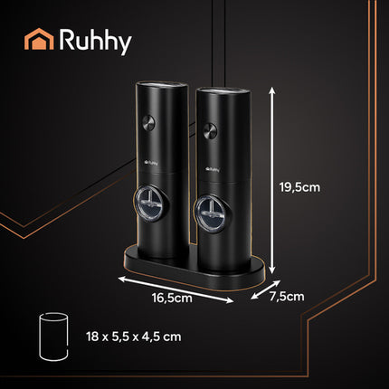 Ruhhy Elektrische Peper- en Zoutmolens Set – 2 Stuks – Keramisch Mechanisme – Instelbare Maalgraad – LED Verlichting – Zwarte Luxe Kruidenmolens