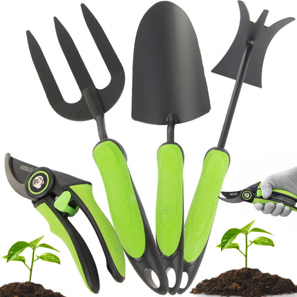 Tuingereedschapset 4-delig – Snoeischaar, Troffel, Handvork en Cultivator – Tuingereedschap – Ergonomisch – Zwart/Groen