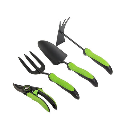 Tuingereedschapset 4-delig – Snoeischaar, Troffel, Handvork en Cultivator – Tuingereedschap – Ergonomisch – Zwart/Groen