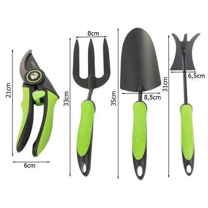 Tuingereedschapset 4-delig – Snoeischaar, Troffel, Handvork en Cultivator – Tuingereedschap – Ergonomisch – Zwart/Groen