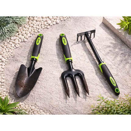 Tuingereedschapset 3-delig met Tas – Tuinset met Troffel, Hark en Handvork – Tuingereedschap – Ergonomisch – Zwart/Groen
