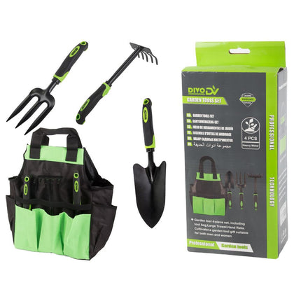 Tuingereedschapset 3-delig met Tas – Tuinset met Troffel, Hark en Handvork – Tuingereedschap – Ergonomisch – Zwart/Groen