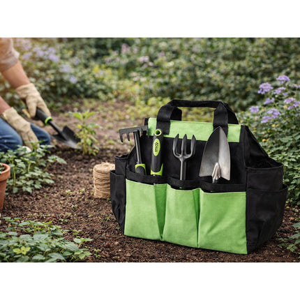Tuingereedschapset 3-delig met Tas – Tuinset met Troffel, Hark en Handvork – Tuingereedschap – Ergonomisch – Zwart/Groen