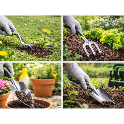 Tuingereedschapset 4-delig met Tas – Tuinset met Grote Troffel, Plantschep, Handvork en Onkruidsteker – Ergonomisch – Zwart/Groen