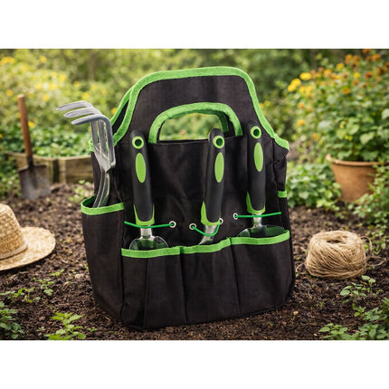 Tuingereedschapset 4-delig met Tas – Tuinset met Grote Troffel, Plantschep, Handvork en Onkruidsteker – Ergonomisch – Zwart/Groen