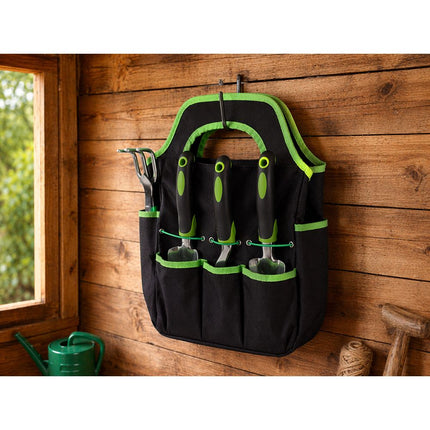 Tuingereedschapset 4-delig met Tas – Tuinset met Grote Troffel, Plantschep, Handvork en Onkruidsteker – Ergonomisch – Zwart/Groen