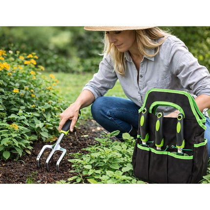 Tuingereedschapset 4-delig met Tas – Tuinset met Grote Troffel, Plantschep, Handvork en Onkruidsteker – Ergonomisch – Zwart/Groen