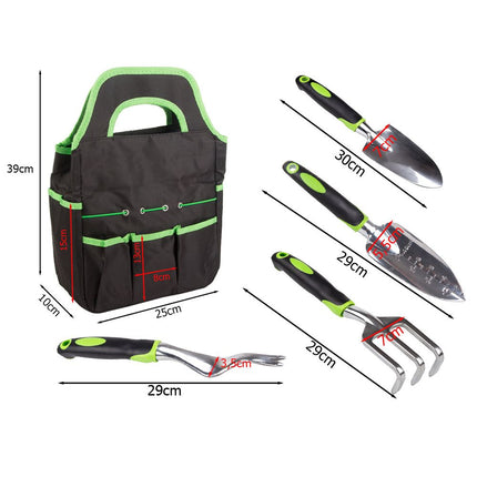 Tuingereedschapset 4-delig met Tas – Tuinset met Grote Troffel, Plantschep, Handvork en Onkruidsteker – Ergonomisch – Zwart/Groen