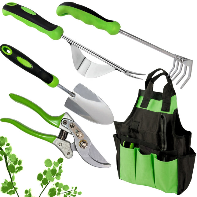 Tuingereedschapset 4-delig met Tas – Snoeischaar, Troffel, Handhark en Onkruidsteker – Tuingereedschap – Ergonomisch – Zwart/Groen