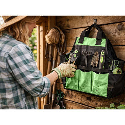 Tuingereedschapset 4-delig met Tas – Snoeischaar, Troffel, Handhark en Onkruidsteker – Tuingereedschap – Ergonomisch – Zwart/Groen