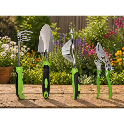 Tuingereedschapset 4-delig met Tas – Snoeischaar, Troffel, Handhark en Onkruidsteker – Tuingereedschap – Ergonomisch – Zwart/Groen