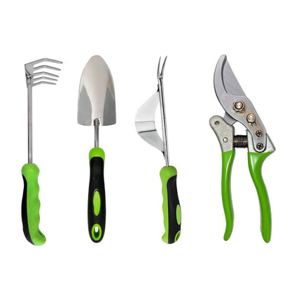 Tuingereedschapset 4-delig met Tas – Snoeischaar, Troffel, Handhark en Onkruidsteker – Tuingereedschap – Ergonomisch – Zwart/Groen