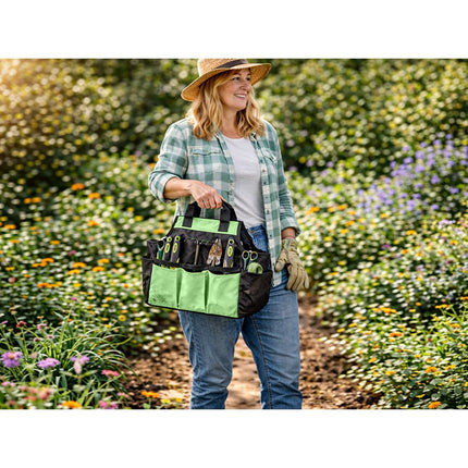 Tuingereedschapset 4-delig met Tas – Snoeischaar, Troffel, Handhark en Onkruidsteker – Tuingereedschap – Ergonomisch – Zwart/Groen