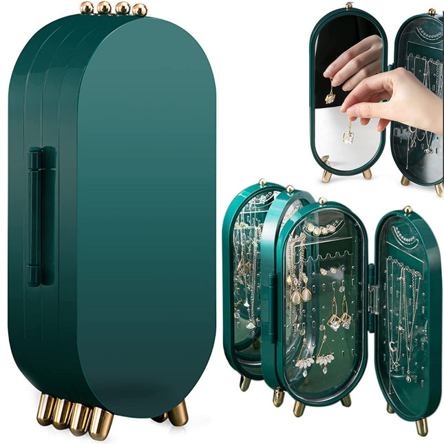 Sieraden Organizer met Spiegel – Opvouwbare Sieradendoos met 4 Panelen – Sieradenhouder – Groen