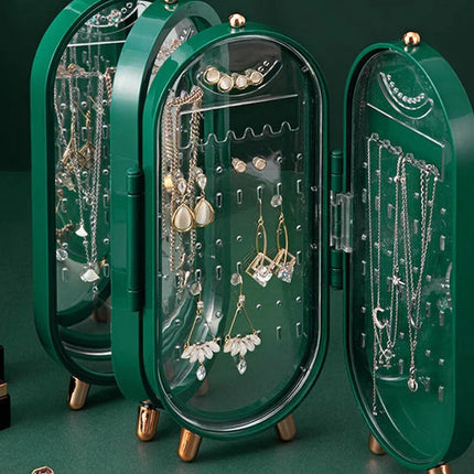 Sieraden Organizer met Spiegel – Opvouwbare Sieradendoos met 4 Panelen – Sieradenhouder – Groen