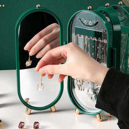 Sieraden Organizer met Spiegel – Opvouwbare Sieradendoos met 4 Panelen – Sieradenhouder – Groen