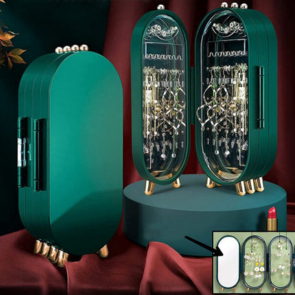 Sieraden Organizer met Spiegel – Opvouwbare Sieradendoos met 4 Panelen – Sieradenhouder – Groen
