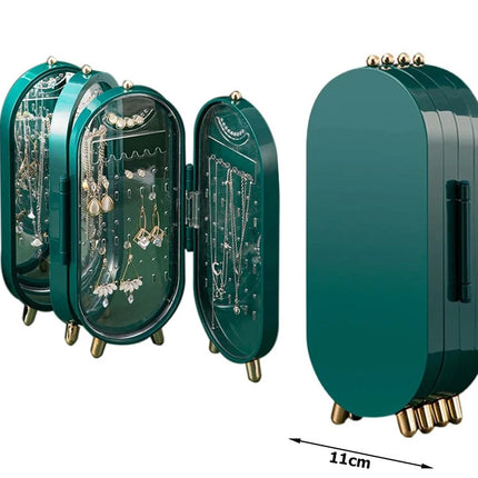 Sieraden Organizer met Spiegel – Opvouwbare Sieradendoos met 4 Panelen – Sieradenhouder – Groen