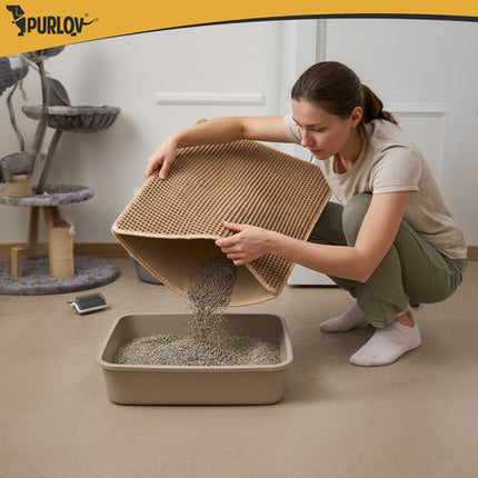 Kattenbakmat XXL 75 x 55 cm – Dubbele Laag Honingraat – Kattenbak Uitloopmat – Waterdicht – Antislip – Beige