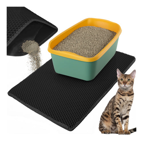 Kattenbakmat XXL 75 x 55 cm – Dubbele Laag Honingraat – Kattenbak Uitloopmat – Waterdicht – Antislip – Zwart