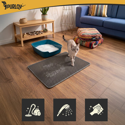 Kattenbakmat XXL 75 x 55 cm – Dubbele Laag Honingraat – Kattenbak Uitloopmat – Waterdicht – Antislip – Grijs