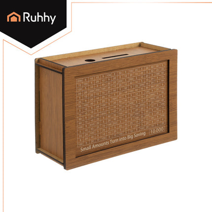 Ruhhy Houten Spaarpot 10.000 Challenge – Verwisselbare Kaarten – Motiverende Spaardoel Box – Natuurlijk Hout