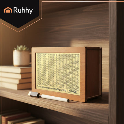 Ruhhy Houten Spaarpot 10.000 Challenge – Verwisselbare Kaarten – Motiverende Spaardoel Box – Natuurlijk Hout