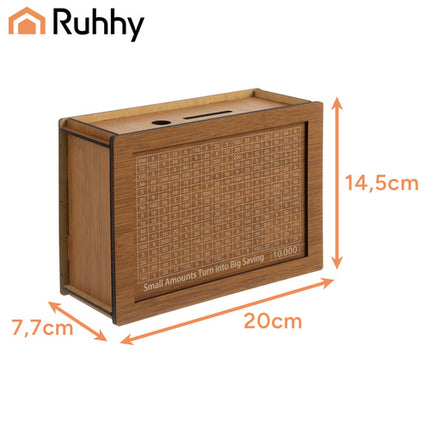 Ruhhy Houten Spaarpot 10.000 Challenge – Verwisselbare Kaarten – Motiverende Spaardoel Box – Natuurlijk Hout